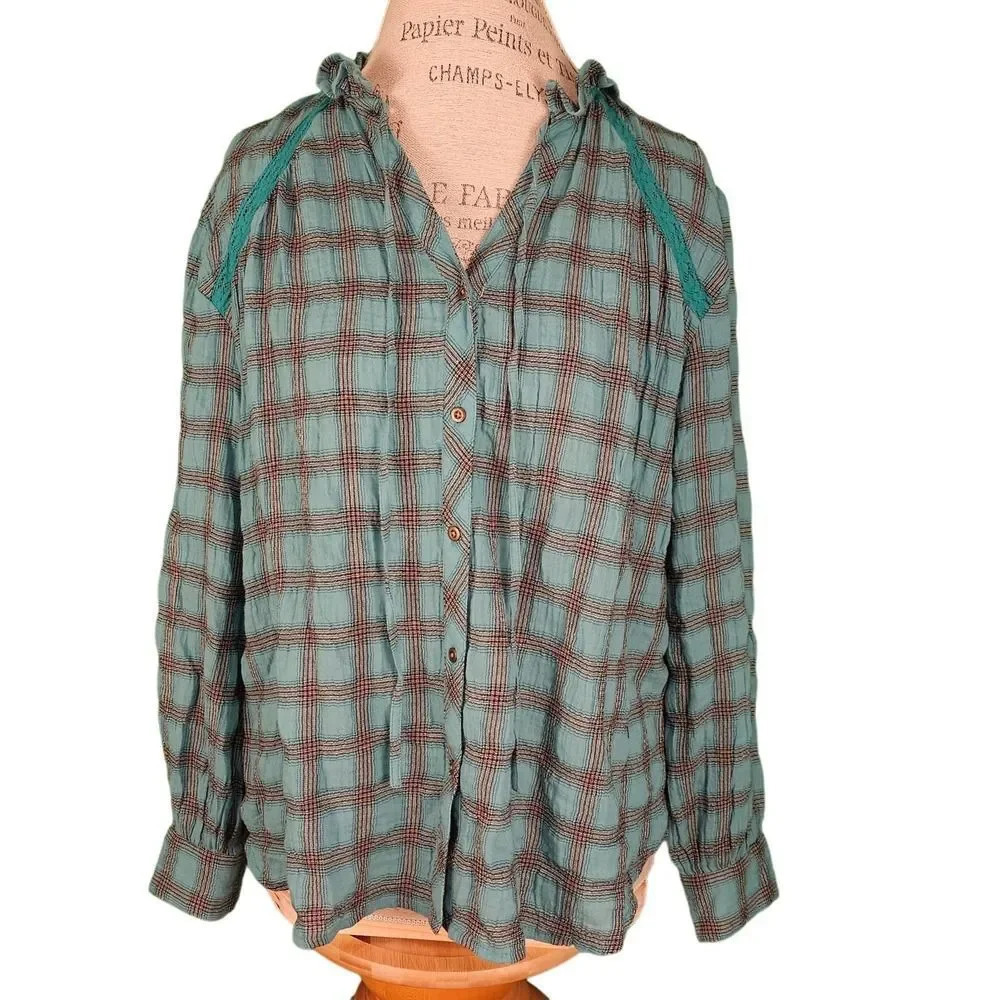 Sundance Womens Turquoise Plaid Heather Highland Blouse PS Petite Small